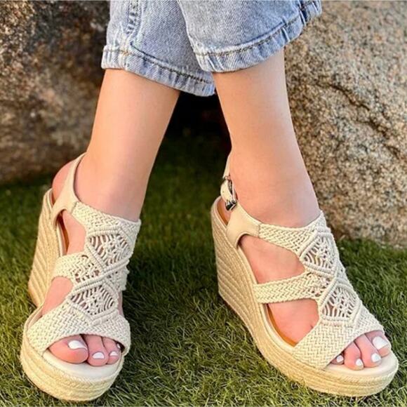 COPPER KEY Dreamcatcher Macrame EspadrillIe Platform Wedges Ivory Boho Size 8 - Picture 1 of 13